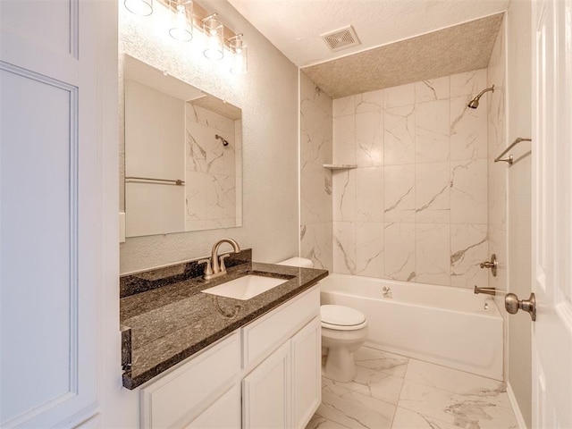 4917 SE 89th Ter, Oklahoma City, OK 73135 - full bath with vanity,  shower combination, marble look tiles, and a textured ceiling