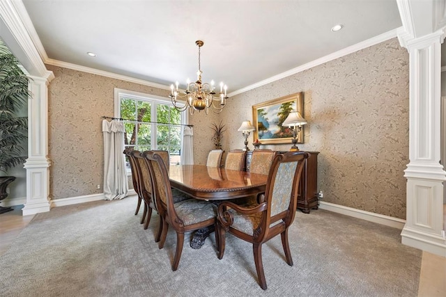 1608 Mulholland Dr, Edmond, OK 73003 - dining area featuring decorative columns, a chandelier, light carpet, crown molding, and recessed lighting