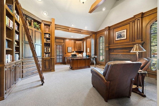 1608 Mulholland Dr, Edmond, OK 73003 - office area with light carpet, recessed lighting, and high vaulted ceiling