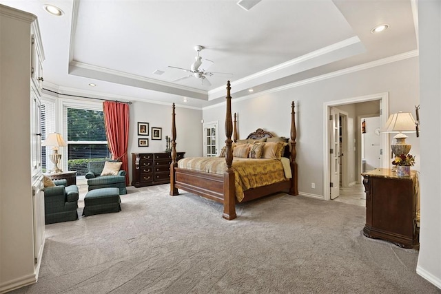 1608 Mulholland Dr, Edmond, OK 73003 - bedroom with a raised ceiling, crown molding, light colored carpet, recessed lighting, and ceiling fan