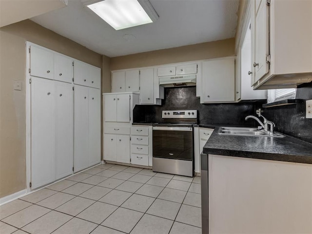 4113 Clendon Way, Del City, OK 73115 - kitchen with stainless steel range with electric cooktop, under cabinet range hood, dark countertops, and backsplash