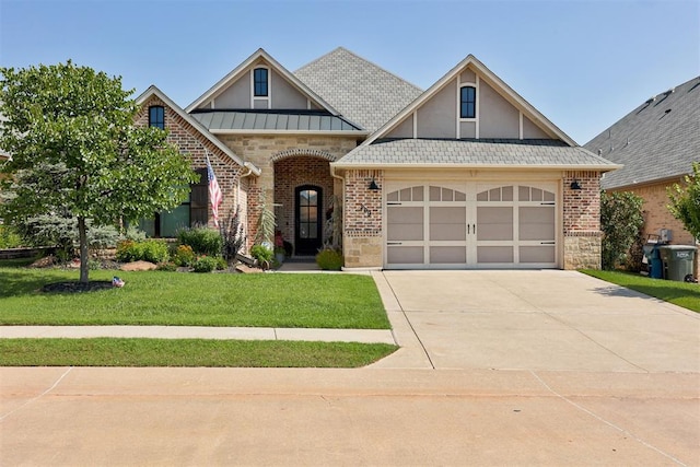 209 Pont Julienn Ct, Edmond, OK 73034 - view of front facade featuring a garage, a front yard, concrete driveway, stone siding, and brick siding