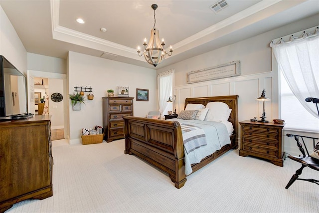 209 Pont Julienn Ct, Edmond, OK 73034 - bedroom with light colored carpet, a chandelier, a tray ceiling, and ornamental molding
