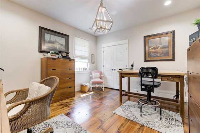 209 Pont Julienn Ct, Edmond, OK 73034 - office with wood-type flooring, a chandelier, and recessed lighting