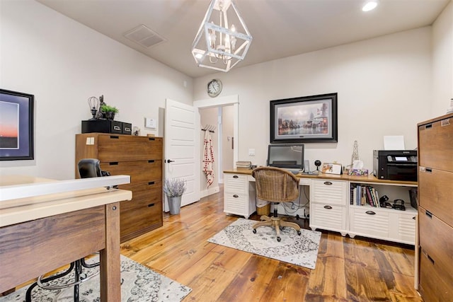 209 Pont Julienn Ct, Edmond, OK 73034 - home office featuring wood finished floors, a chandelier, and recessed lighting