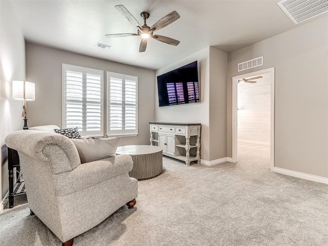 210 Bulverde Dr, Norman, OK 73069 - carpeted living room with ceiling fan and baseboards