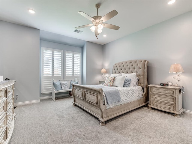 210 Bulverde Dr, Norman, OK 73069 - bedroom featuring light carpet, recessed lighting, and a ceiling fan