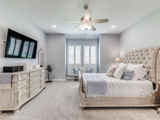 210 Bulverde Dr, Norman, OK 73069 - bedroom featuring light colored carpet, ceiling fan, and recessed lighting