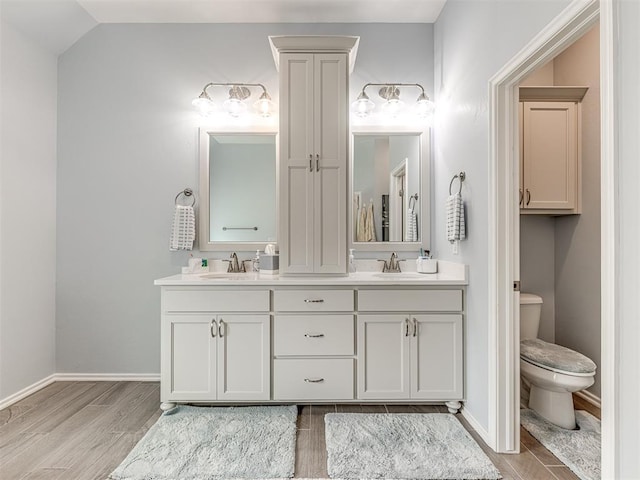 210 Bulverde Dr, Norman, OK 73069 - full bathroom with wood finish floors, double vanity, and lofted ceiling