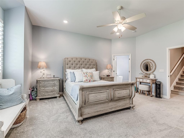 210 Bulverde Dr, Norman, OK 73069 - carpeted bedroom featuring recessed lighting, a ceiling fan, and ensuite bathroom