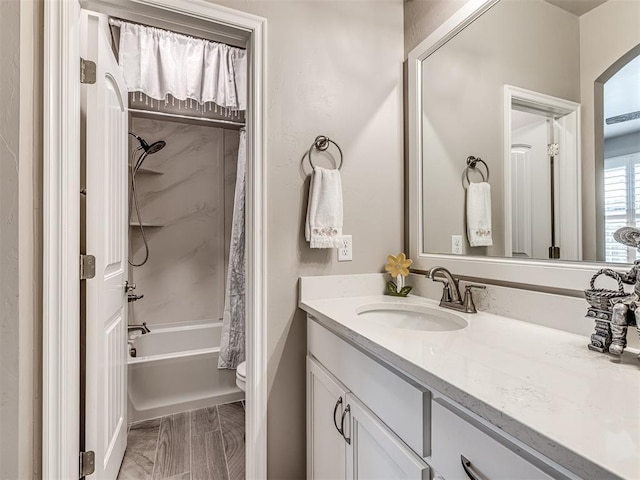 210 Bulverde Dr, Norman, OK 73069 - full bath with vanity, shower / tub combo with curtain, and marble look tile flooring