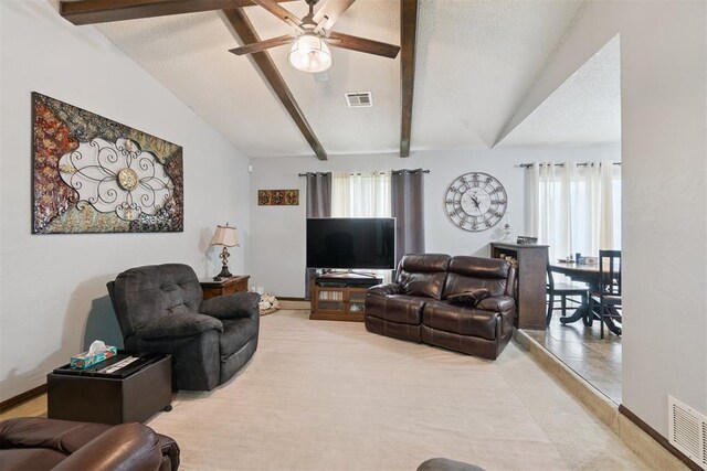 809 N Southminster St, Moore, OK 73160 - living room with healthy amount of natural light, light colored carpet, a ceiling fan, and a textured ceiling