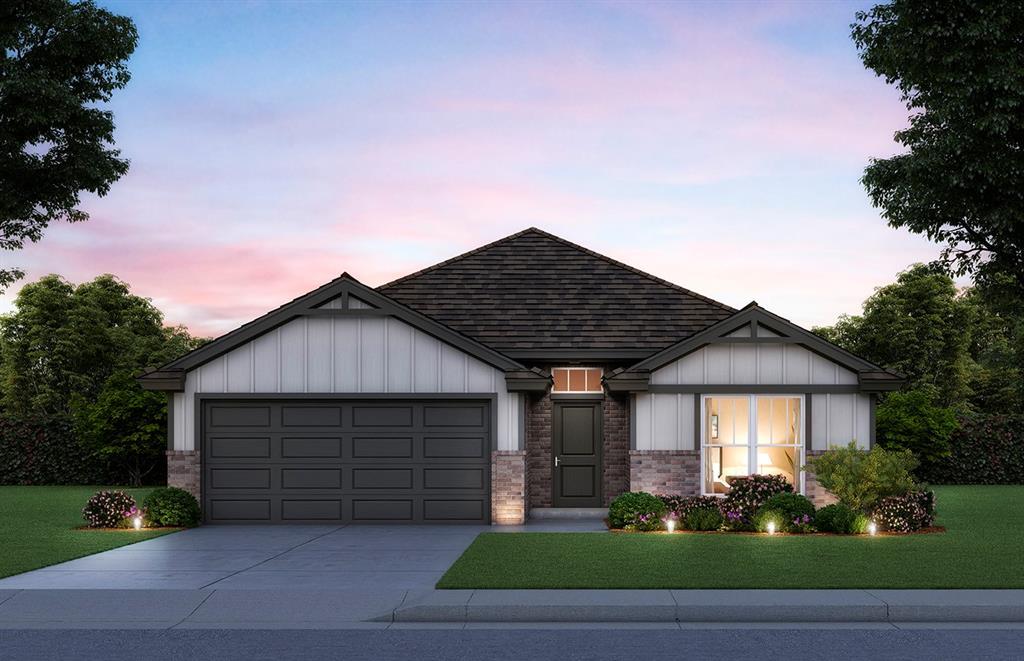 18300 Austin Ct, Edmond, OK 73012 - view of front of home featuring an attached garage, a lawn, concrete driveway, and brick siding
