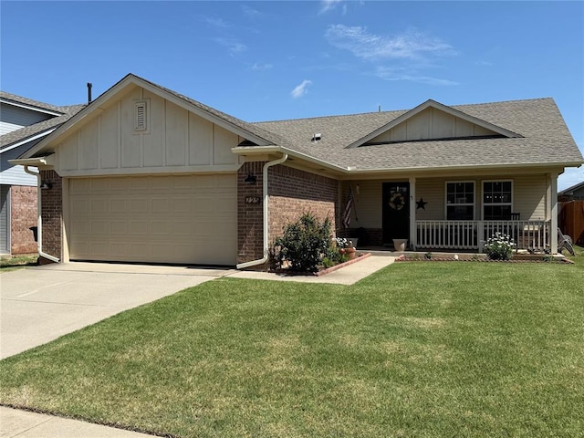 725 Ga Zump Dr, Norman, OK 73069 - view of front facade featuring a shingled roof, a garage, driveway, board and batten siding, and brick siding