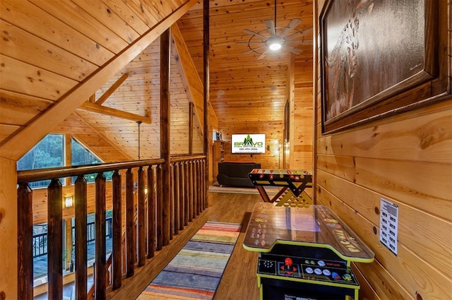 232 Orange Grove Rd, Broken Bow, OK 74728 - hall with wooden ceiling, wood finished floors, lofted ceiling, and wooden walls