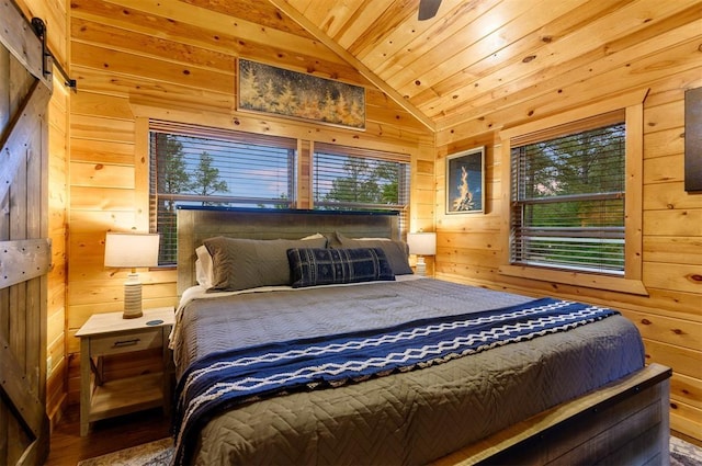 232 Orange Grove Rd, Broken Bow, OK 74728 - bedroom featuring lofted ceiling, wood walls, wooden ceiling, and wood finished floors