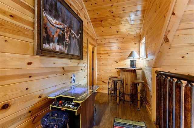 232 Orange Grove Rd, Broken Bow, OK 74728 - office area featuring wood walls, wood finished floors, vaulted ceiling, and wooden ceiling
