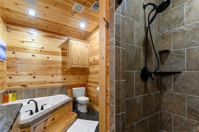 232 Orange Grove Rd, Broken Bow, OK 74728 - bathroom with wooden ceiling, a garden tub, recessed lighting, wood walls, and a tile shower