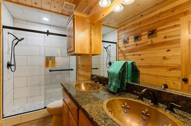 232 Orange Grove Rd, Broken Bow, OK 74728 - bathroom featuring a stall shower, wood ceiling, and double vanity