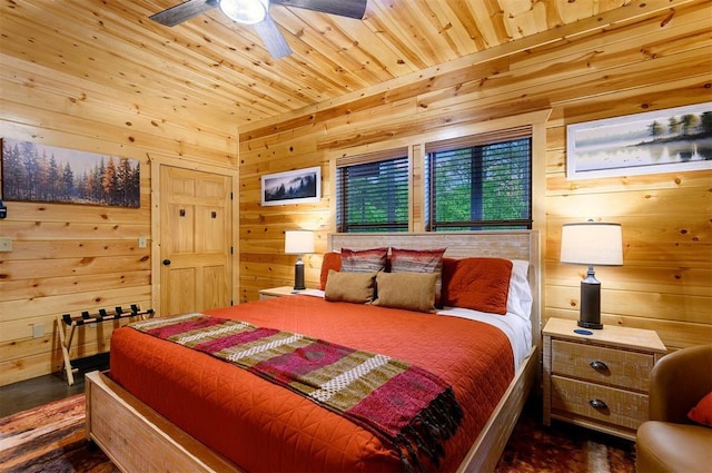 232 Orange Grove Rd, Broken Bow, OK 74728 - bedroom featuring wood walls, wood ceiling, and ceiling fan