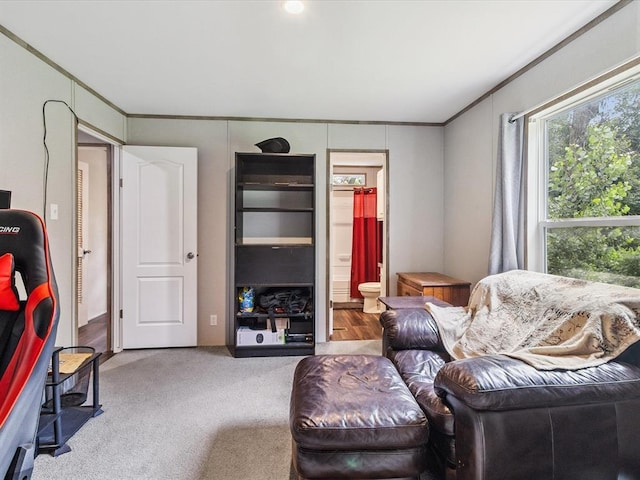 living area with crown molding and carpet floors