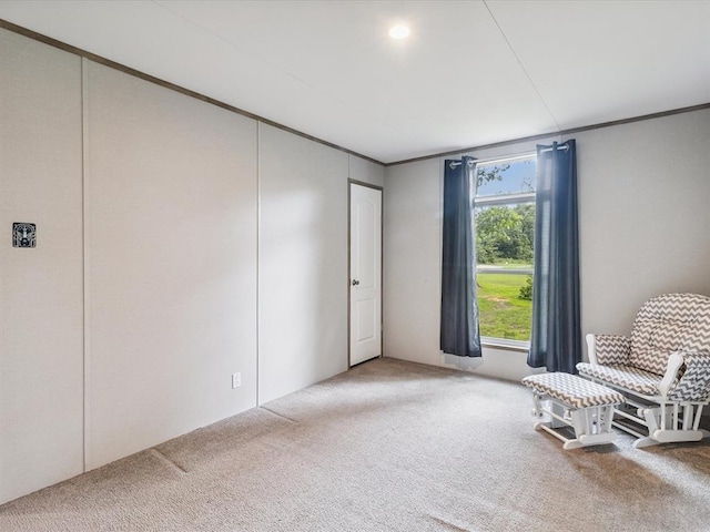 unfurnished room featuring carpet flooring and ornamental molding