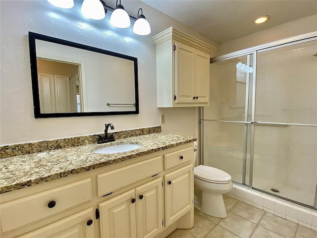 223 E Lincoln Ave, Edmond, OK 73034 - bathroom with a stall shower, tile patterned flooring, and vanity