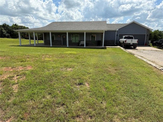 105967 S Rolling Hills Dr, Meeker, OK 74855 - view of front of property featuring covered porch, gravel driveway, a front lawn, and a garage