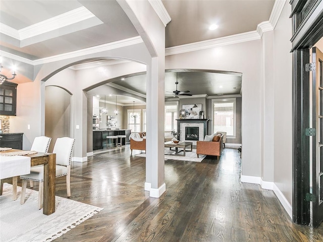 3009 Cordova Ct, Norman, OK 73072 - entryway with arched walkways, ceiling fan, dark wood-style flooring, a fireplace, and crown molding