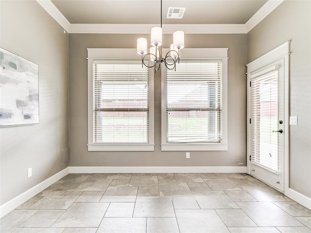 3009 Cordova Ct, Norman, OK 73072 - unfurnished dining area featuring crown molding, a chandelier, and plenty of natural light