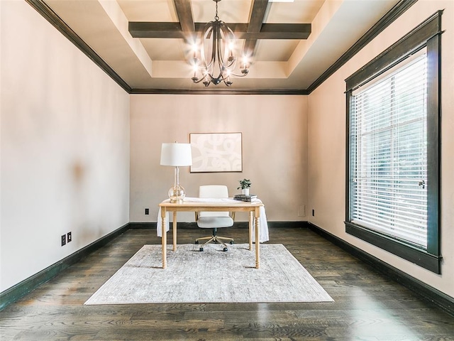 3009 Cordova Ct, Norman, OK 73072 - office with coffered ceiling, a chandelier, dark wood-style floors, beamed ceiling, and crown molding