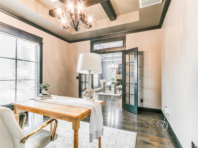 3009 Cordova Ct, Norman, OK 73072 - home office with a chandelier, dark wood finished floors, and ornamental molding