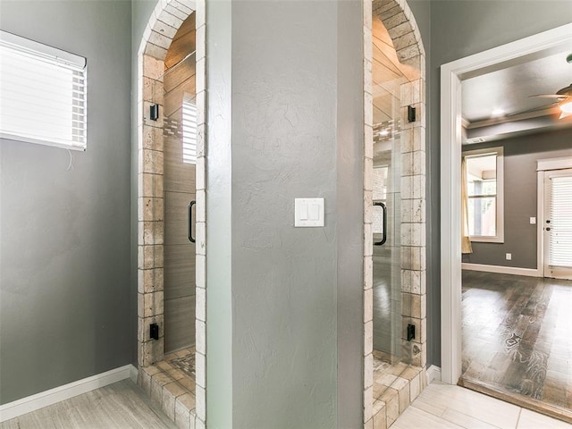 3009 Cordova Ct, Norman, OK 73072 - full bath featuring a stall shower, wood finished floors, and ceiling fan