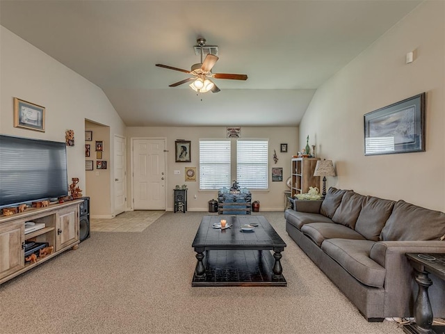 9505 SW 27th St, Oklahoma City, OK 73128 - carpeted living room featuring vaulted ceiling and ceiling fan