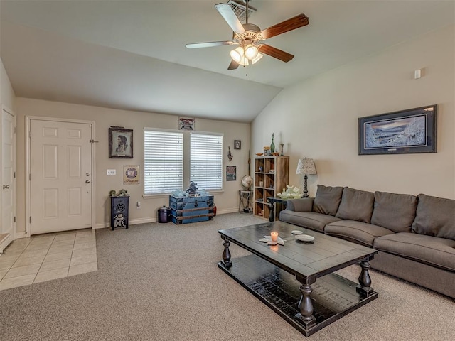 9505 SW 27th St, Oklahoma City, OK 73128 - carpeted living area featuring ceiling fan, lofted ceiling, and tile patterned floors