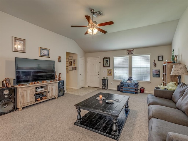 9505 SW 27th St, Oklahoma City, OK 73128 - living room featuring ceiling fan, vaulted ceiling, and light colored carpet