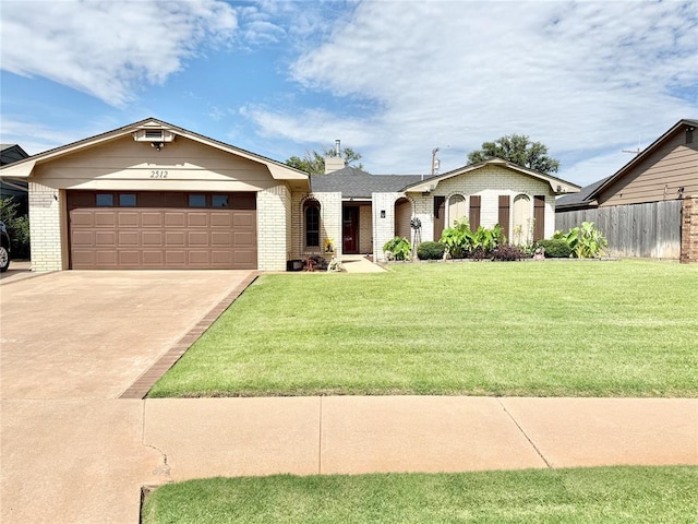 2512 Apache St, Altus, OK 73521 - ranch-style house with brick siding, concrete driveway, a garage, and a chimney