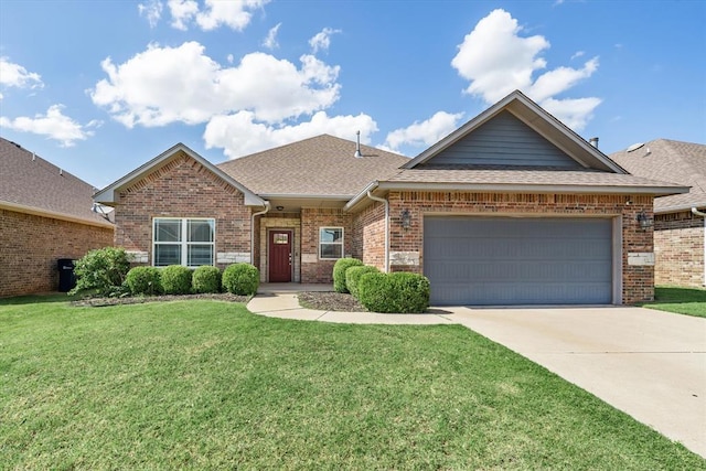 8309 NW 139th Ter, Oklahoma City, OK 73142 - view of front facade featuring brick siding, a shingled roof, an attached garage, a front lawn, and driveway