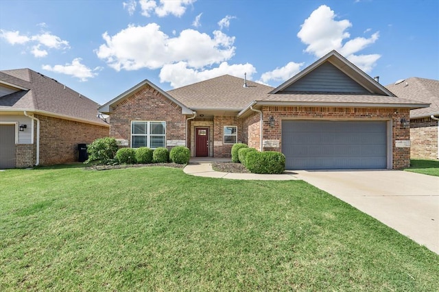 8309 NW 139th Ter, Oklahoma City, OK 73142 - view of front of property with brick siding, an attached garage, a shingled roof, a front lawn, and driveway