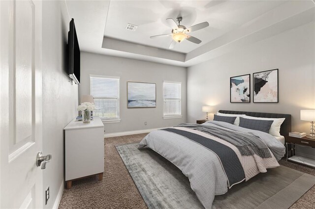 8309 NW 139th Ter, Oklahoma City, OK 73142 - bedroom with carpet, a tray ceiling, and a ceiling fan