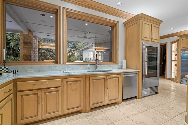 18816 Otter Creek Dr, Edmond, OK 73012 - kitchen with dishwasher, beverage cooler, tasteful backsplash, light countertops, and ornamental molding