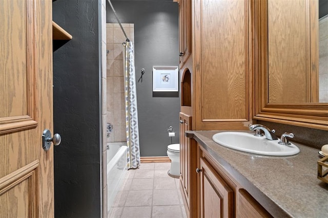 18816 Otter Creek Dr, Edmond, OK 73012 - bathroom with vanity, shower / bathtub combination with curtain, tile patterned flooring, and a textured wall