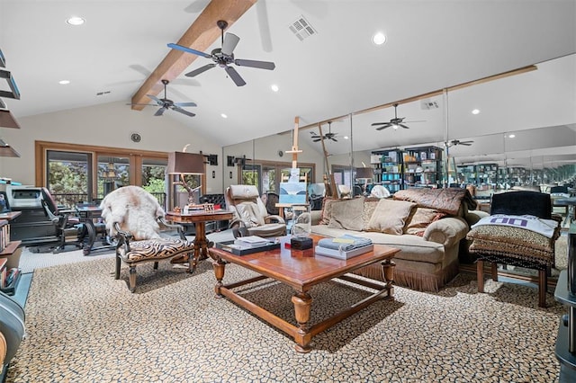 18816 Otter Creek Dr, Edmond, OK 73012 - carpeted living area with a ceiling fan, beamed ceiling, high vaulted ceiling, and recessed lighting