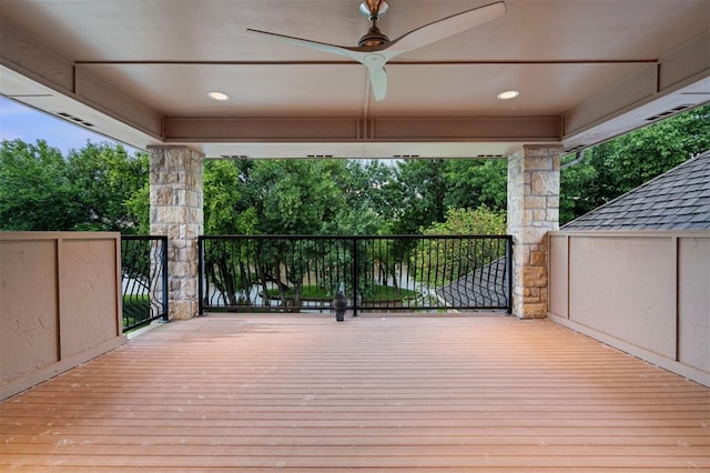 18816 Otter Creek Dr, Edmond, OK 73012 - wooden terrace featuring ceiling fan
