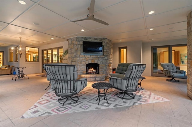 18816 Otter Creek Dr, Edmond, OK 73012 - view of patio with an outdoor living space with a fireplace and a ceiling fan