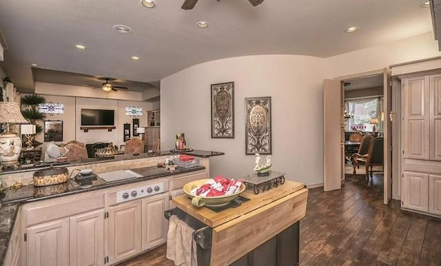 716 Fox Bend Trl, Edmond, OK 73034 - kitchen with ceiling fan, dark wood-type flooring, recessed lighting, open floor plan, and lofted ceiling