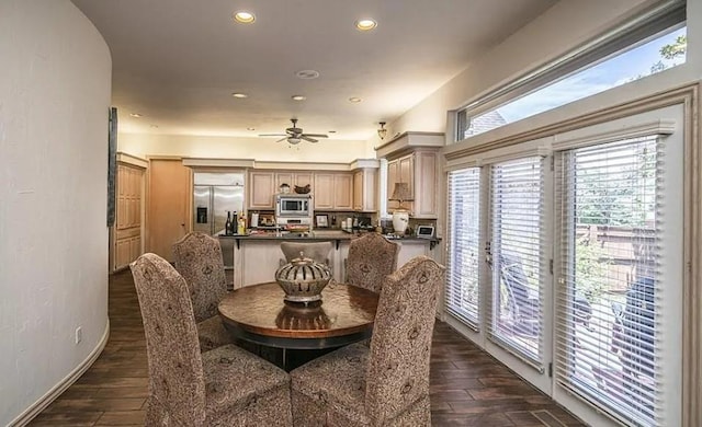 716 Fox Bend Trl, Edmond, OK 73034 - dining space featuring recessed lighting, a ceiling fan, and dark wood-style floors