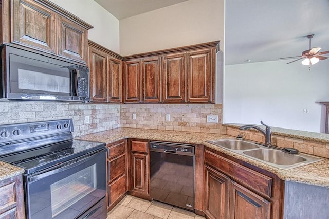 816 Lakeview Dr, Moore, OK 73160 - kitchen featuring black appliances, a ceiling fan, backsplash, a peninsula, and light tile patterned floors