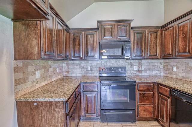 816 Lakeview Dr, Moore, OK 73160 - kitchen with black appliances, vaulted ceiling, tasteful backsplash, light stone counters, and dark brown cabinets