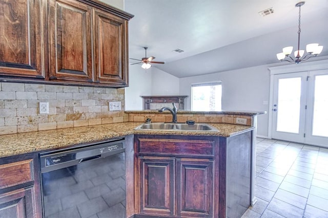 816 Lakeview Dr, Moore, OK 73160 - kitchen with black dishwasher, a peninsula, vaulted ceiling, backsplash, and ceiling fan